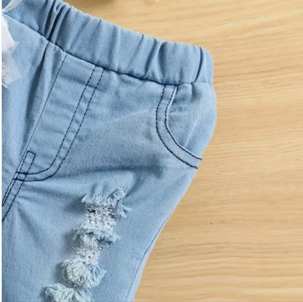 White Lace Off-Shoulder Top & Light Blue Ruffle Hem Jeans Toddler Girls Kids Set